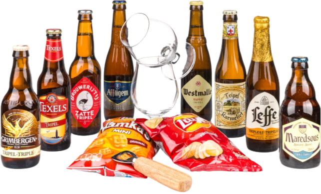 bierpakket met 8 tripels bierglazen en snacks